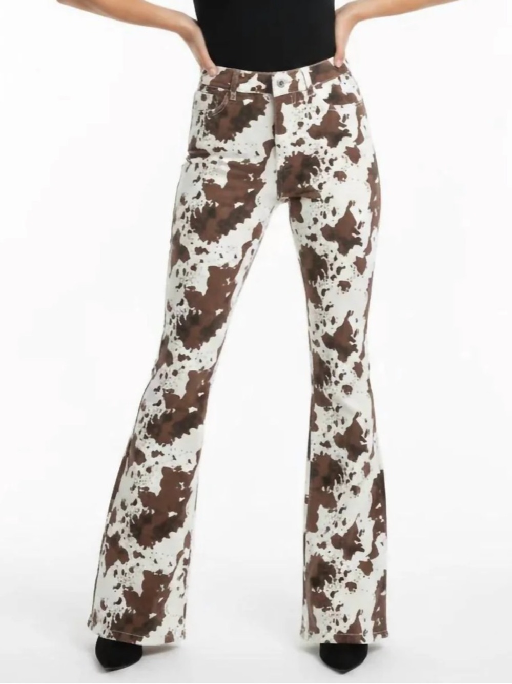 High-Rise Brown Cow-Print Flare Pants